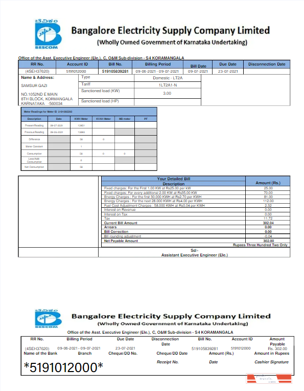 INDIA BESCOM utility bill Word and PDF template